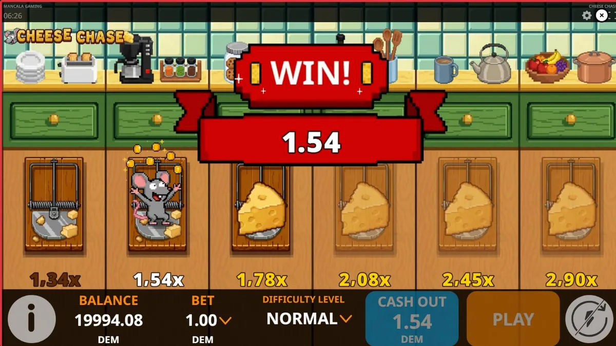 Tampilan visual retro 8-bit dari permainan slot Cheese Chase oleh Mancala Gaming