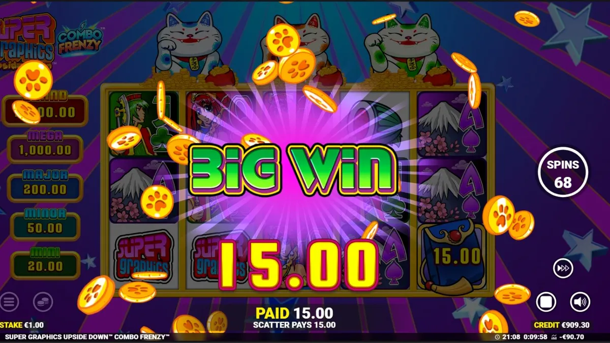 Tampilan visual slot Super Graphics Upside Down dengan tema anime dan Lucky Cats