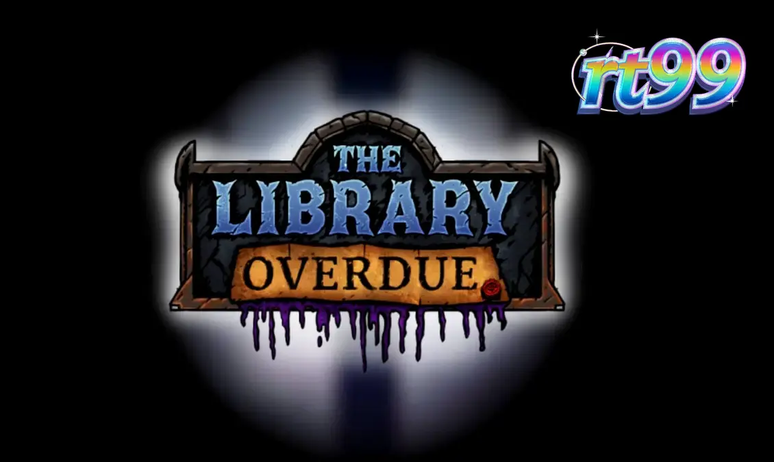 Tampilan visual slot The Library Overdue dengan tema perpustakaan gothic yang mencekam.